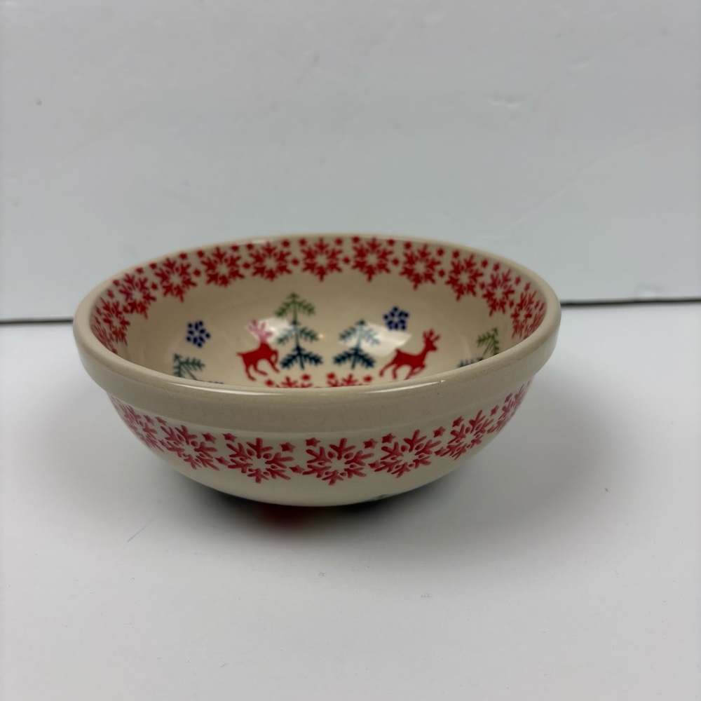 BOLESLAWIEC Polish Pottery CEREAL SOUP CANDY BOWL deer stag Christmas Red